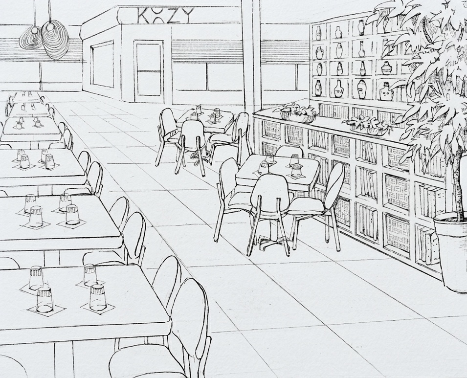 KOZY dining room interior line illustration