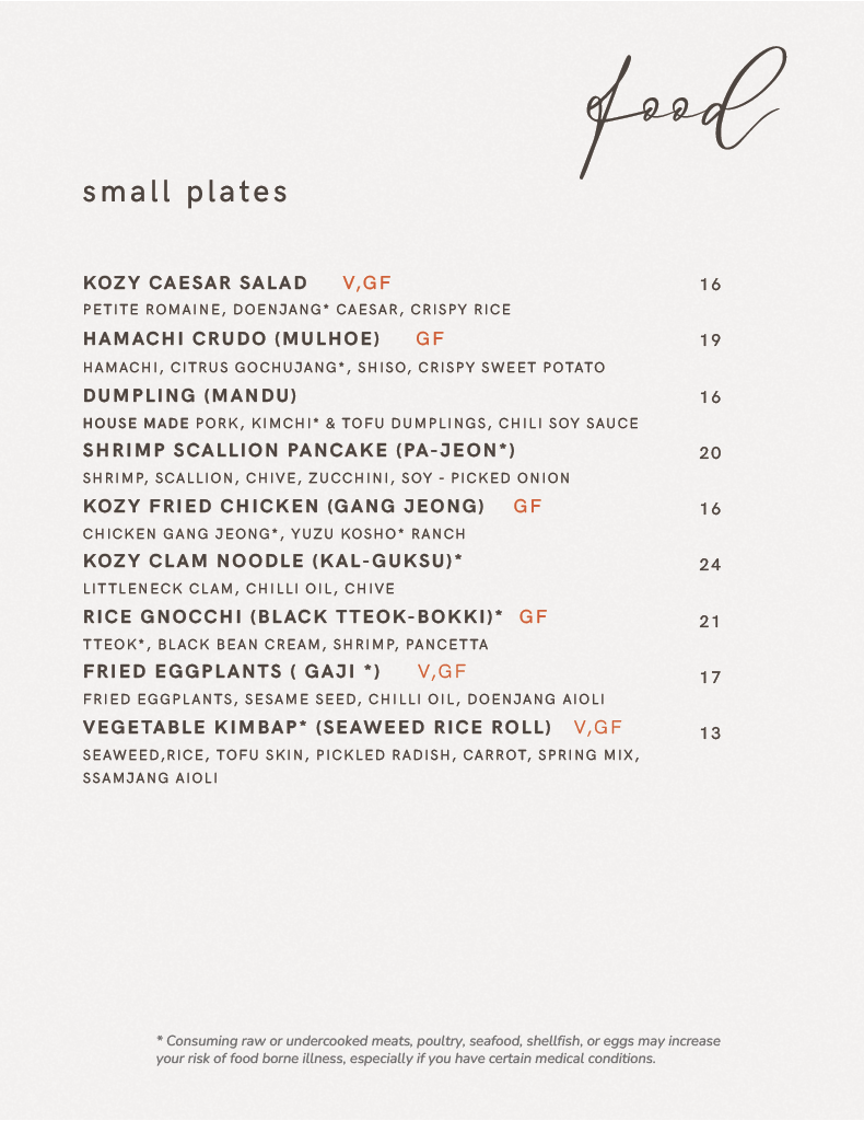 KOZY menu